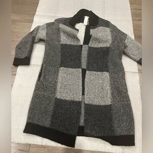[L]Cocogio Black and Gray Women's Wool Blend Block Color Open Cardigan